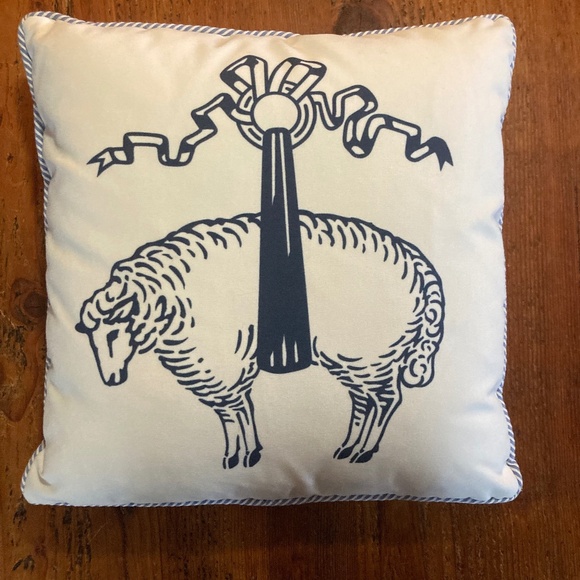 Brooks Brothers Pillow with Sheep in White and Blue with Seersucker Trim